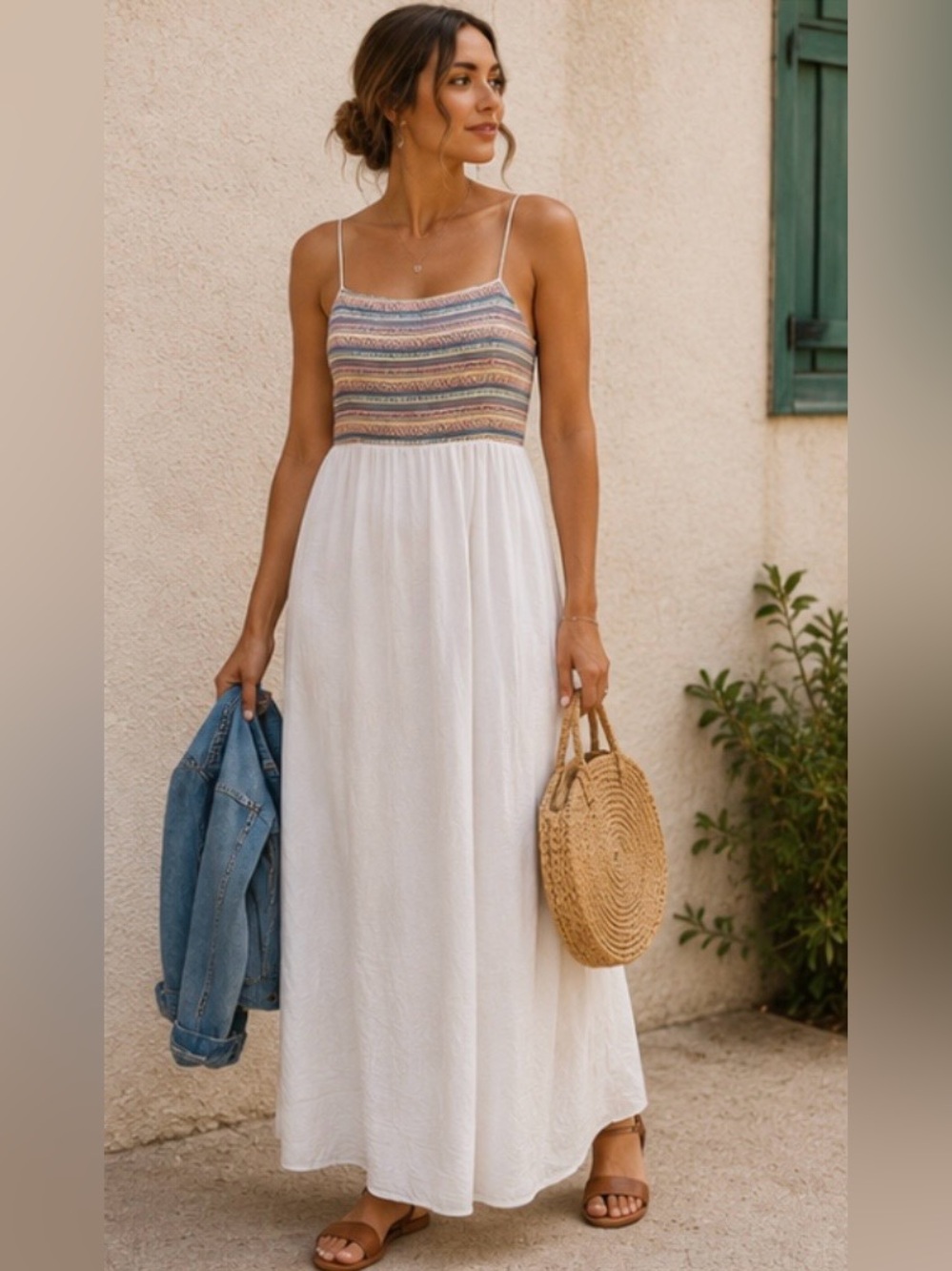 Bohemian Maxi Dress with Multicolor Contrast Bodice